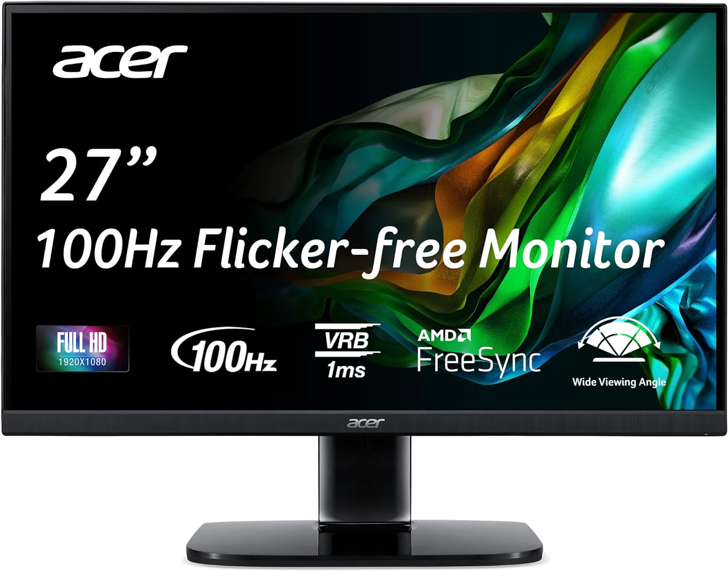 Acer KB272 EBI 27 IPS Full HD (1920 x 1080) Zero-Frame Gaming Office Monitor | AMD FreeSync Technology | Up to 100Hz Refresh | 1ms (VRB) | Low Blue Light | Tilt | HDMI  VGA Ports,Black