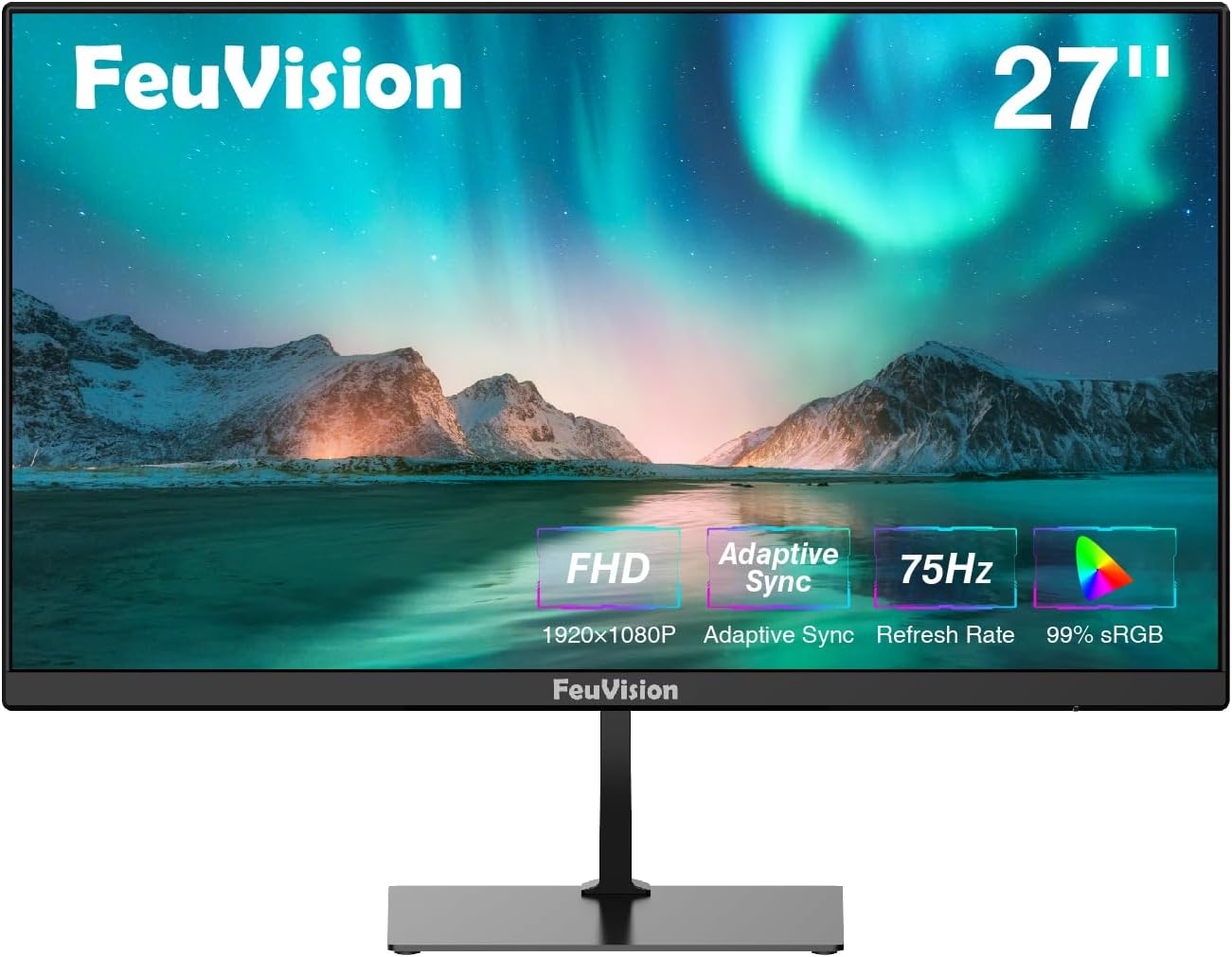 FeuVision 24 inch Monitor 1080p FHD, 100Hz, IPS Panel, Gaming  Office Computer Monitor, 3-Sided Frameless  Ultra Slim, VESA Mountable, 99% sRGB, Adaptive Sync, HDMI  VGA, Built-in Speakers