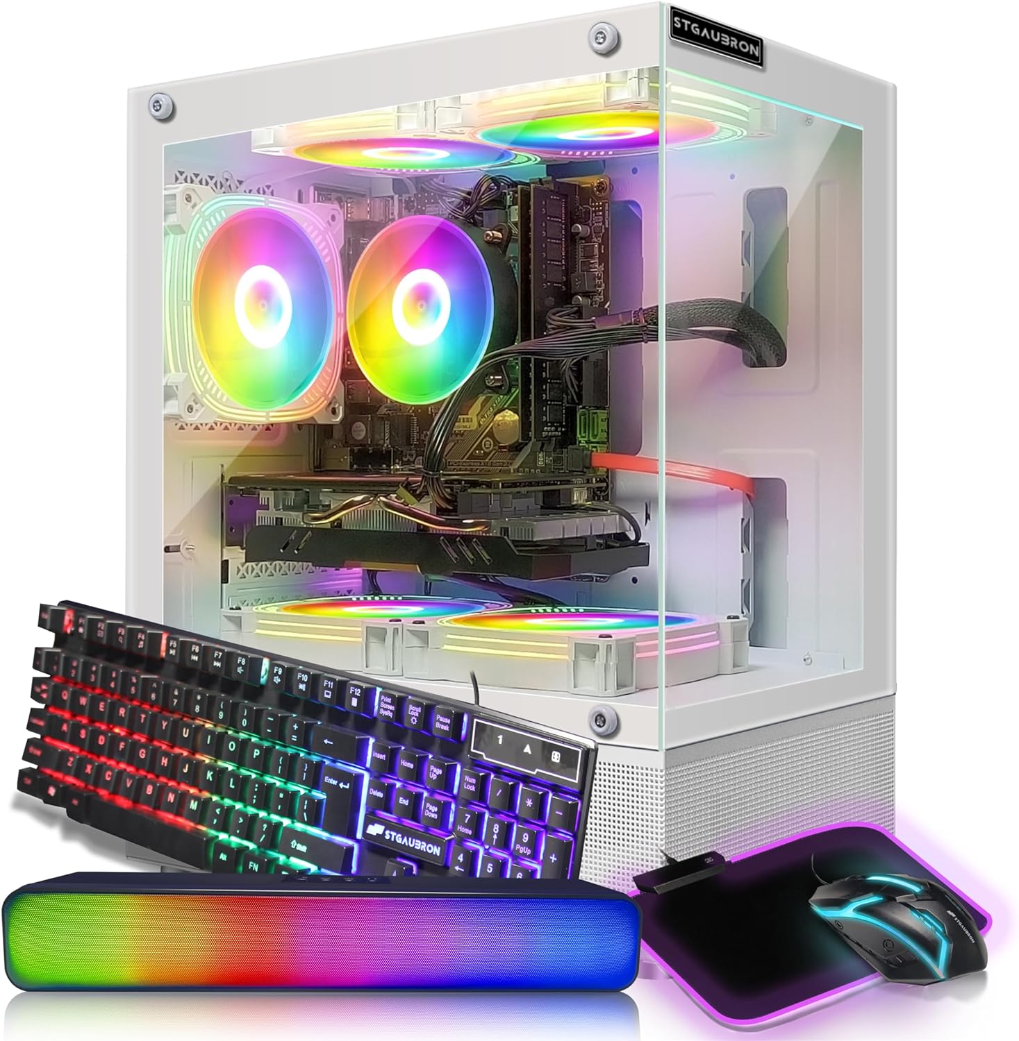 STGAubron Gaming Desktop PC,Intel Core i7-6700 up to 4.0G,32G DDR4,2T SSD,Radeon RX 580 16G GDDR5,600M WiFi,BT 5.0,RGB Fan x 3,RGB KeyboardMouse,RGB Mouse Pad,RGB BT Sound Bar,W10H64